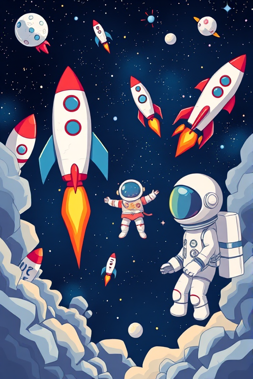 Create a high-resolution digital illustration of various cartoon rockets and an astronaut in space, using a DSLR camera style with a wide-angle lens at f/8, ISO 100, and a 24mm focal length, ensuring vibrant colors and detailed textures against a starry background.