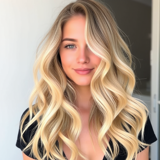 Effortless beachy waves in sun-kissed golden blonde, featuring natural-looking roots and face-framing highlights, perfect for a carefree summer style