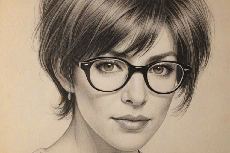Gorgeous Diane Warren, pencil sketch, portrait of Enchanting woman 1926s in glasses, hair style beatnik, outline, clear lines, fine lines, 8k