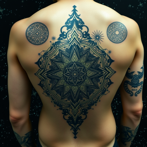 Cosmic sacred geometry tattoo incorporating intricate mandalas and fractal patterns, blending seamlessly with a starry night sky backdrop for a mesmerizing full-back masterpiece