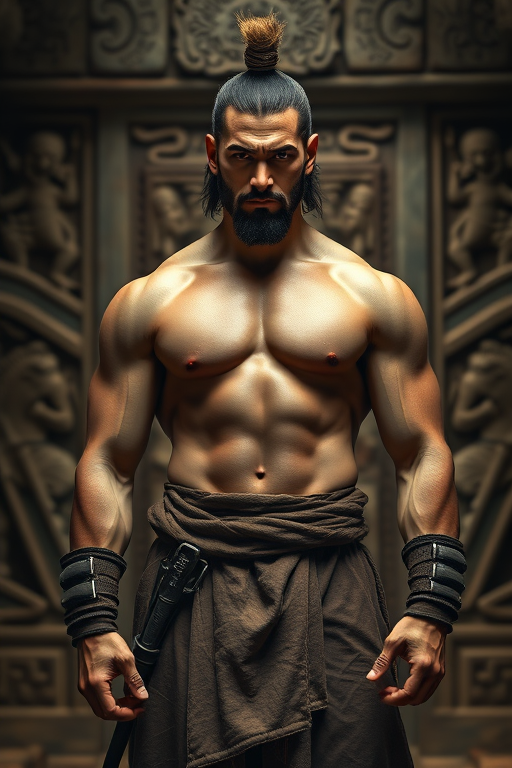 Create a hyper-realistic portrait of a muscular warrior standing confidently in a dimly lit ancient setting with intricate background carvings, using a DSLR camera at f/1.8, ISO 100, and 50mm lens for sharp focus and depth of field, captured from eye level with soft lighting to enhance skin texture and details.