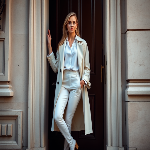 Woman in a stylish white outfit and light trench coat posing next to an elegant door, natural lighting, taken with a DSLR camera, 50mm lens, aperture f/1.8, ISO 100, shallow depth of field, soft focus background.