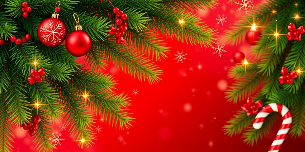 Create a festive Christmas background featuring lush green pine branches adorned with bright red ornaments and sparkling lights. Include delicate golden snowflakes and candy canes, with a deep red backdrop filled with soft glowing stars and a warm holiday ambiance.