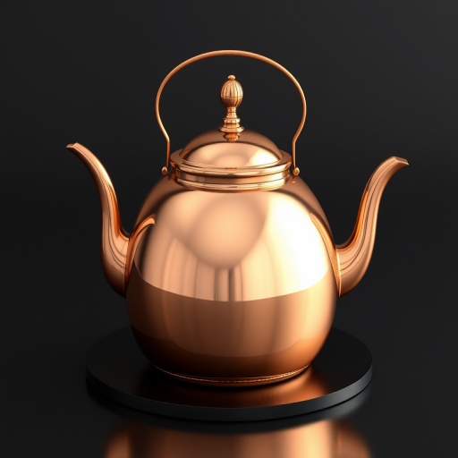 create a highly detailed 3D rendering of a polished copper teapot with reflections, placed on a smooth black surface, using a Canon EOS R5 with a 50mm lens, aperture f/2.8, ISO 100, 1/125s shutter speed, under soft diffused studio lighting, focusing on capturing the metallic texture and shine
