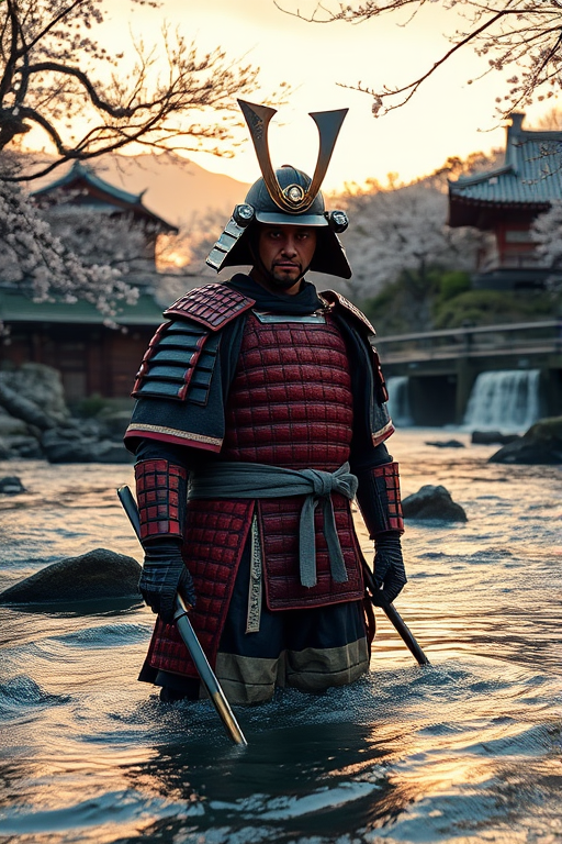 Create a high-resolution image of a samurai standing in a flowing river with a traditional Japanese landscape in the background featuring cherry blossoms and waterfalls, captured with a Canon EOS R5, 50mm lens, f/1.8 aperture, ISO 100, and a soft sunset lighting to enhance colors and details.