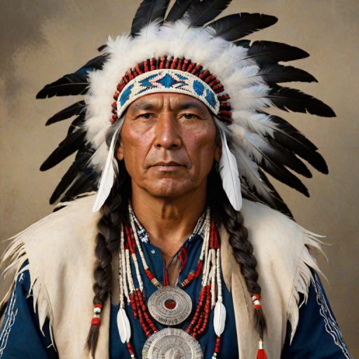 Create a dignified portrait of a Native American man dressed in traditional attire. He wears a beautifully crafted headdress adorned with white feathers and red beads, along with a beaded headband featuring intricate patterns. His clothing includes a deep blue, patterned shirt and a traditional chest piece with detailed beadwork. His arms are crossed, displaying leather armbands decorated with feathers. The background is simple and neutral, emphasizing his proud and stoic expression. The overall image captures the rich cultural heritage and strength of his persona.