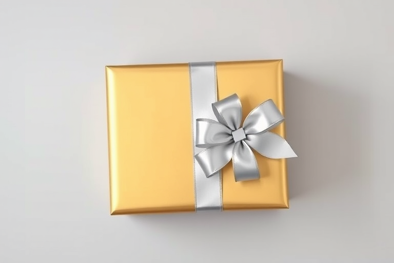 Create an image of a golden gift box with a silver ribbon and bow, shot with a Canon EOS R6 at f/2.8, ISO 100, 50mm lens, top-down view, soft lighting, high-quality vector graphic style.