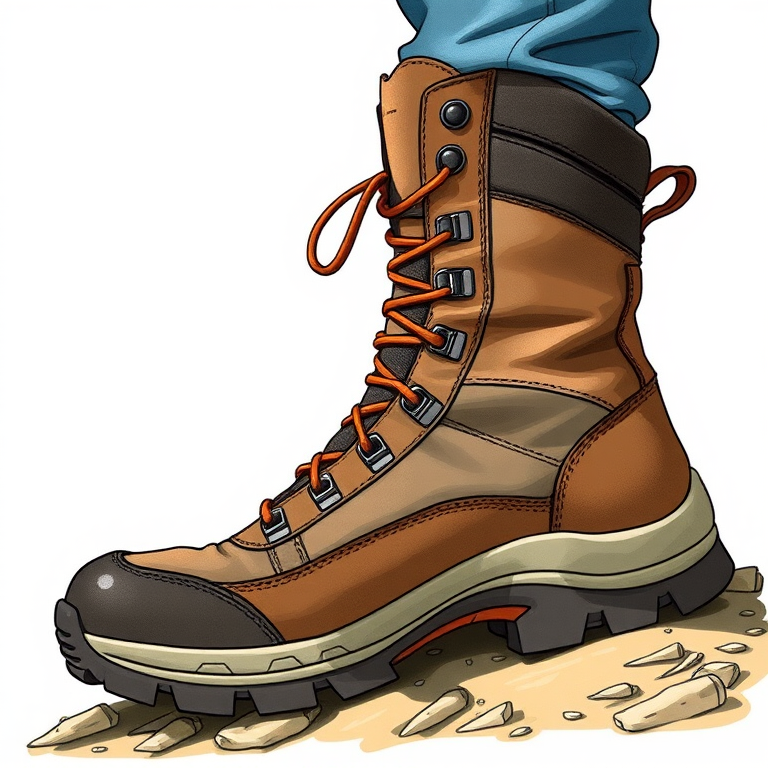 Create a detailed illustration of a hiking boot viewed from the side, using a DSLR camera with a 50mm lens, aperture set to f/2.8, ISO 100, and natural lighting to enhance texture and colors.