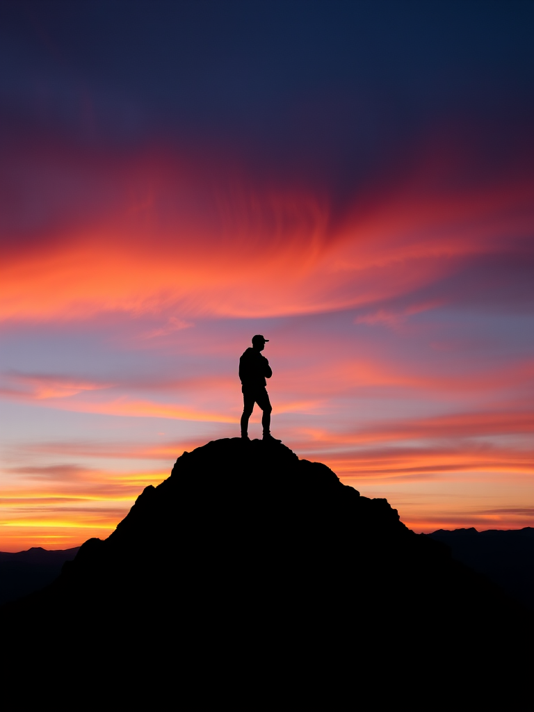 Generate a high-resolution image of a silhouette of a person standing on a mountain peak at sunset with vibrant colors in the sky, using a DSLR camera with a 50mm lens, aperture f/1.8, ISO 100, shutter speed 1/200s, shot at eye level.