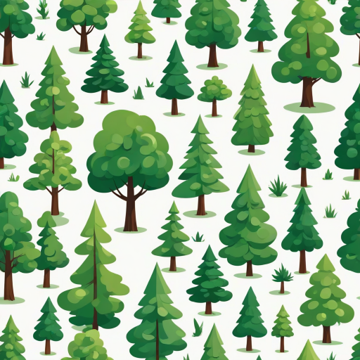regenerate a set of cartoon-style trees with various shapes and shades of green against a simple white background