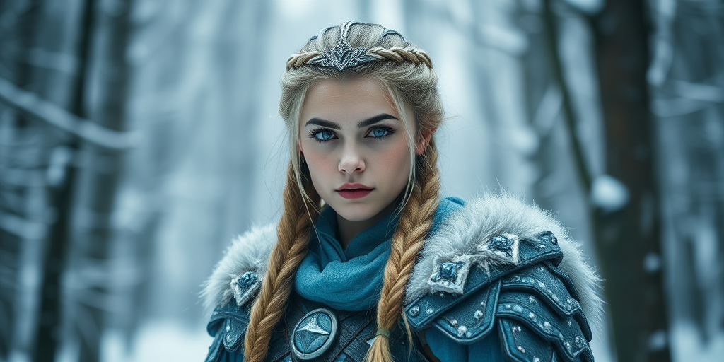 create a portrait of a female warrior with icy blue armor and long braided hair in a snowy forest setting, soft diffused light, f/2.8 aperture, ISO 100, 50mm lens, shallow depth of field, DSLR camera, high dynamic range for enhanced detail and colors