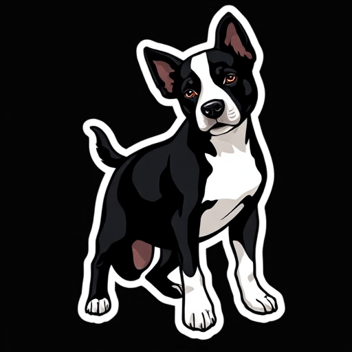 design sticker, 3D black and white australian shepherd pit bull mix, black background