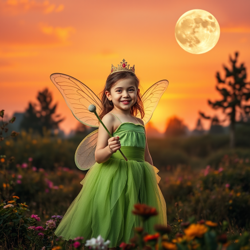 A vivid photo  taken under a bright camera flash of a fantastical scene set against a backdrop of a forest during sunset. The main subject is a girl dressed as a fairy, adorned with translucent wings and a green dress, holding a wand, her face is happy, and she wears a crown on her head. The forest behind her is a blend of flowers, shrubs and trees. The sky is painted in hues of orange and pink, with a large, glowing moon casting a warm glow over the scene. The overall color palette is dominated by earthy tones.