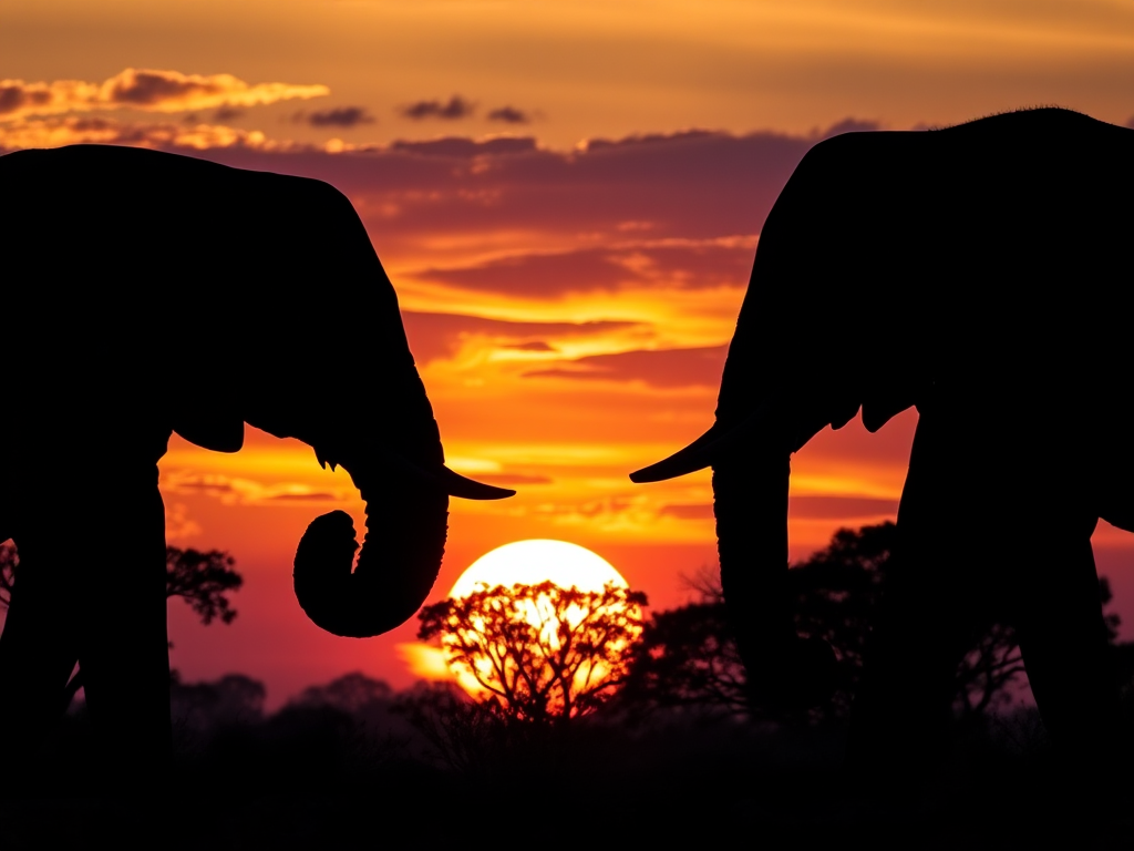 silhouette of elephants against a vibrant sunset with trees, taken with a DSLR camera at f/8 aperture, ISO 200, 1/250 sec shutter speed, 24mm lens, wide-angle view for enhanced depth and clarity