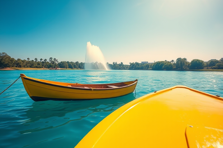 generate a high-resolution image of a vibrant yellow boat on a clear blue lake with a prominent water fountain in the background under a bright sunny sky, using a Canon EOS R5 with a 24-70mm f/2.8 lens, aperture f/8, ISO 100, shutter speed 1/200s, taken from a medium angle slightly above water level for a dynamic view.
