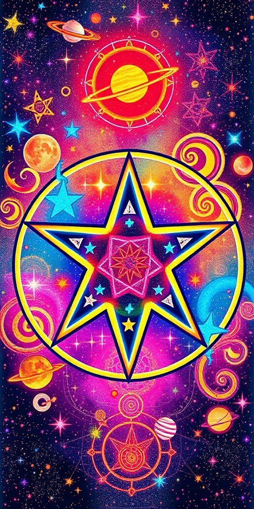 Create a vibrant pentagram filled with colorful cosmic symbols like stars, planets, and swirls, using a DSLR camera, 50mm lens, f/2.8 aperture, ISO 100, shooting in RAW format at a straight-on view to enhance clarity and detail.