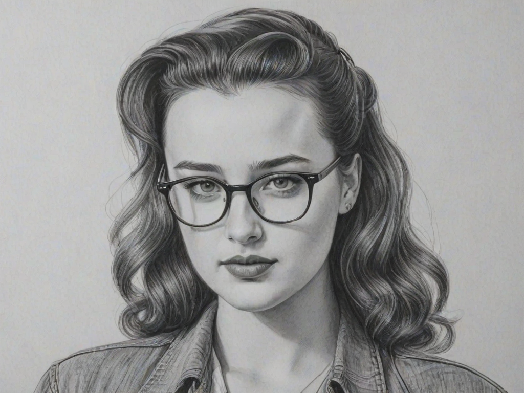 Appealing Katherine Langford, pencil sketch, portrait of Appealing woman 1945s in glasses, hair style beatnik, outline, clear lines, fine lines, 8k