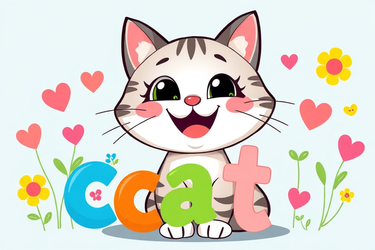 Create a whimsical illustration of a cartoon cat with a cheerful expression, surrounded by colorful and vibrant text spelling "cat", incorporate playful elements like flowers and hearts, use a digital art style, capture with a wide-angle lens at f/8 for a balanced depth of field, and use bright, contrasting colors for a lively feel.