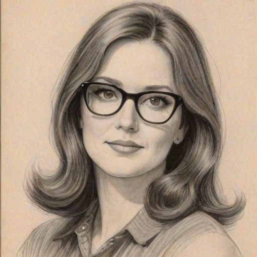 Enchanting Phyllis Smith, pencil sketch, portrait of Ravishing woman 1967s in glasses, hair style beatnik, outline, clear lines, fine lines, 8k