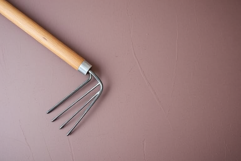 Create a high-resolution image of a garden rake placed on a solid background, shot with a Canon EOS R5, 50mm lens, f/2.8 aperture, ISO 100, 1/200 sec shutter speed, with soft natural lighting to enhance details and colors.