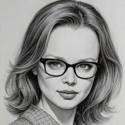 Bewitching Thora Birch, pencil sketch, portrait of Magnificent woman 1978s in glasses, hair style beatnik, outline, clear lines, fine lines, 8k