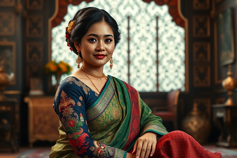 A beautiful Bangladeshi woman in traditional East Asian attire, intricately detailed with embroidered patterns, sitting gracefully in a richly decorated room, soft ambient lighting, serene and elegant, ultra-realistic, 8K resolution