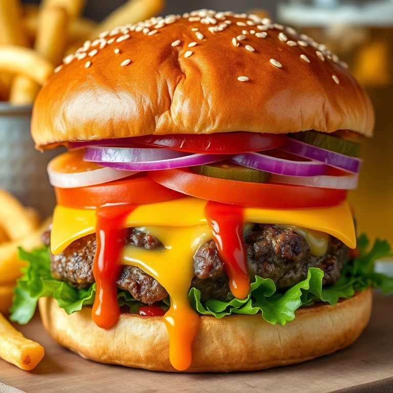 High-resolution, close-up image of a gourmet double cheeseburger. The burger features a glossy, sesame-seed-topped brioche bun. Inside, there are two thick, juicy beef patties, each topped with melted cheddar cheese. The burger is garnished with fresh lettuce, tomato slices, diced onions, and pickles. A generous amount of ketchup and a creamy, orange-colored sauce is dripping down the sides, adding to the mouth-watering appeal. In the background, there are blurred elements including a side of golden French fries and a hint of a beverage, enhancing the overall presentation of a delicious meal.