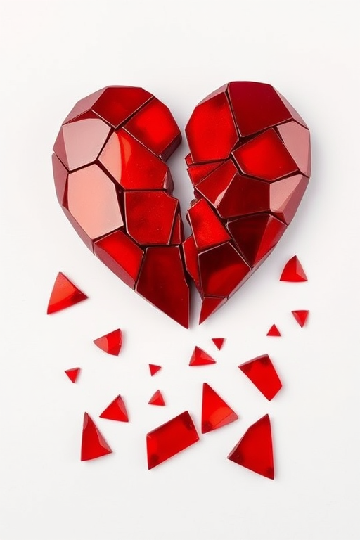 generate a high-resolution image of a broken heart made of shiny red shards, use a DSLR camera with a 50mm lens, f/1.8 aperture, ISO 100, soft diffused lighting, and a shallow depth of field for enhanced detail and clarity
