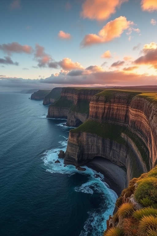 Create a stunning coastal landscape featuring dramatic cliffs overlooking a serene ocean, captured at sunrise with a DSLR camera, 24mm lens, f/8 aperture, ISO 100, shot from a high vantage point to capture depth and detail in the clouds and water.