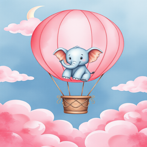 a whimsical watercolor illustration of an elephant in a pink hot air balloon floating among soft pink clouds and a crescent moon, taken with a Canon EOS R5, 50mm lens, f/1.8 aperture, ISO 100, soft natural lighting, high-resolution view