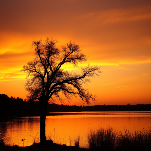 Sunset over a calm lake with a silhouetted tree in the foreground, vibrant orange and yellow hues in the sky, soft reflections on the water, captured with a DSLR camera at f/8 aperture, 1/100 sec shutter speed, ISO 100, wide-angle lens, HDR technique.