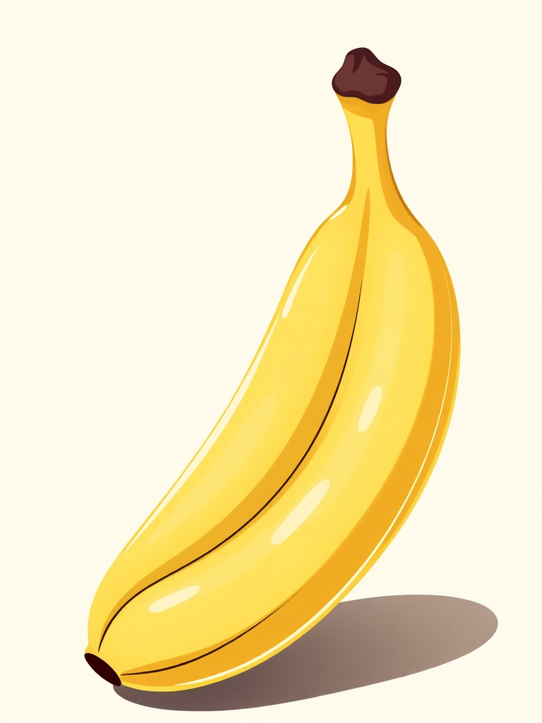 Generate a vibrant illustration of a banana with a smooth, glossy finish, using a high-resolution digital format, 50mm lens, f/2.8 aperture for depth of field, shot from a slight angle to highlight the curves and textures of the banana.