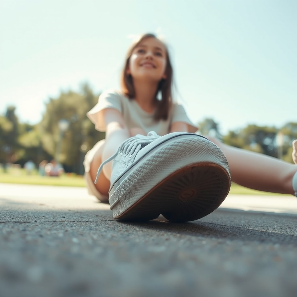 Generate an ultra-realistic, highly detailed, high-definition photograph. It's a photo of a girl sitting on the floor. She's looking at the horizon. The photo is taken from the bottom up, at ground level. The girl's sneakers are in the foreground, in the center of the scene. The girl is wearing light clothes, a t-shirt and short shorts. The sky is blue. Bright environment. The background is a blurred image of a park.