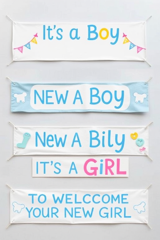 Create a high-resolution image of baby announcement banners labeled "It's A Boy," "New Baby Boy," "Congratulations A New Baby Boy," "To Welcome Your New Baby Boy," "It's A Girl," "New Baby Girl," "Congratulations A New Baby Girl," "To Welcome Your New Baby Girl," with a clean, flat lay view, using a DSLR camera with a 50mm lens at f/2.8, ISO 100, and 1/125s shutter speed for vibrant colors and clarity.