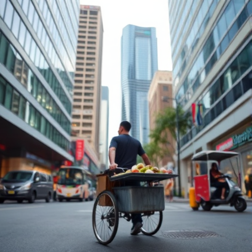 Street vendor pushing a cart in urban setting with modern buildings in the background, natural lighting, shallow depth of field, taken with a Canon EOS R5, 35mm lens, f/1.8, ISO 200, 1/250 sec, wide-angle view.