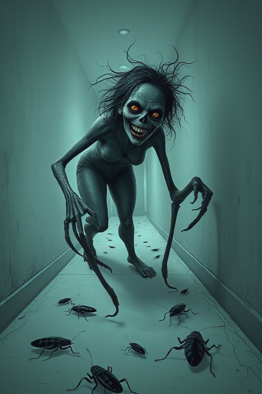 a crooked female with long arms and a creepy smile is crawling along a long white corridor and you can also see cockroaches in it there is a creepy atmosphere creepy art style