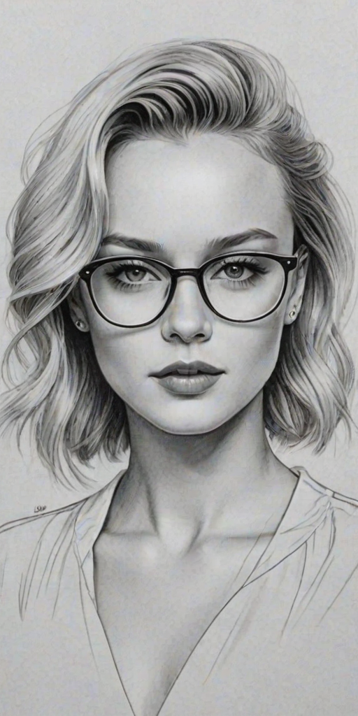 Graceful Zara Larsson, pencil sketch, portrait of Resplendent woman 1939s in glasses, hair style beatnik, outline, clear lines, fine lines, 8k
