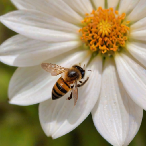 a close-up of a bee with orange and black stripes collecting pollen from the center of a white flower with soft petals and a blurred background