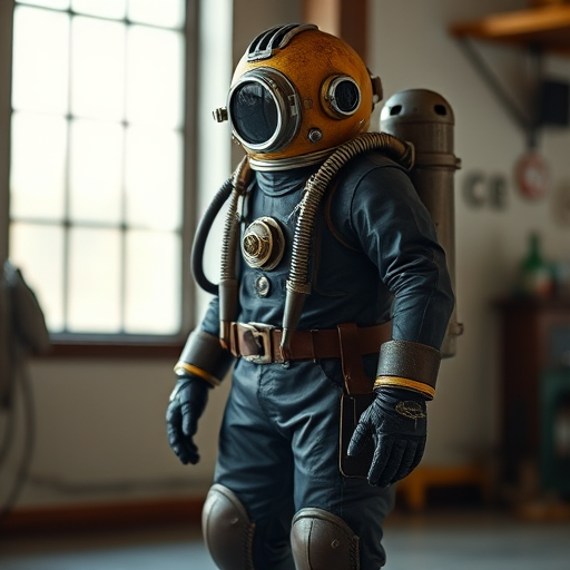 Create an image of a vintage deep-sea diving suit standing upright in a well-lit environment, captured with a Canon EOS R5 at f/4, ISO 100, 1/125s, emphasizing sharp focus and vibrant colors with a wide-angle lens.