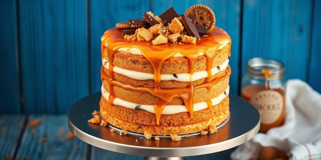 A three-layer cake with a creamy filling topped with caramel sauce and garnished with chocolate pieces and cookie crumbs on a silver cake stand with a blue wooden background and a jar of caramel sauce beside it.