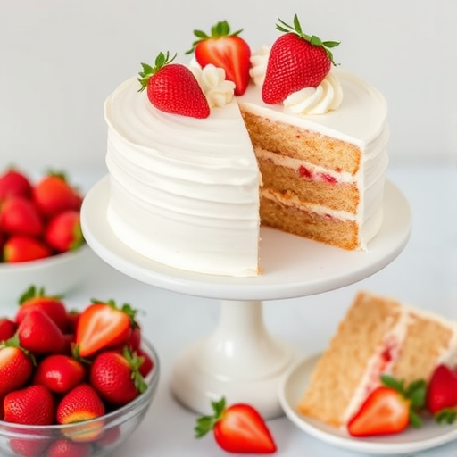 A beautifully decorated white cake with a slice removed revealing a filling of strawberries and cream topped with a whole strawberry and whipped cream on a white pedestal plate surrounded by additional cake slices and fresh strawberries in a bowl.