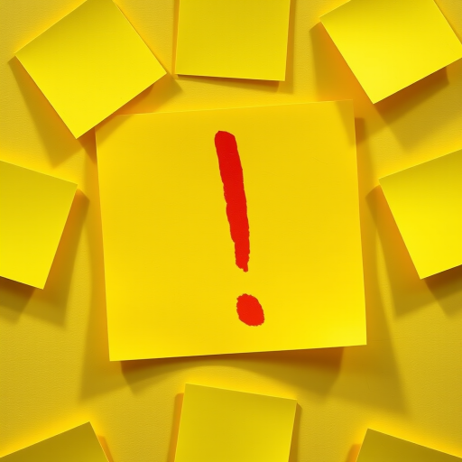 Create a vibrant image of a bright yellow sticky note with a bold red exclamation mark in the center, captured with a Canon EOS R5, 50mm lens, aperture f/2.8, ISO 100, in natural daylight from a top-down view for clarity and detail.