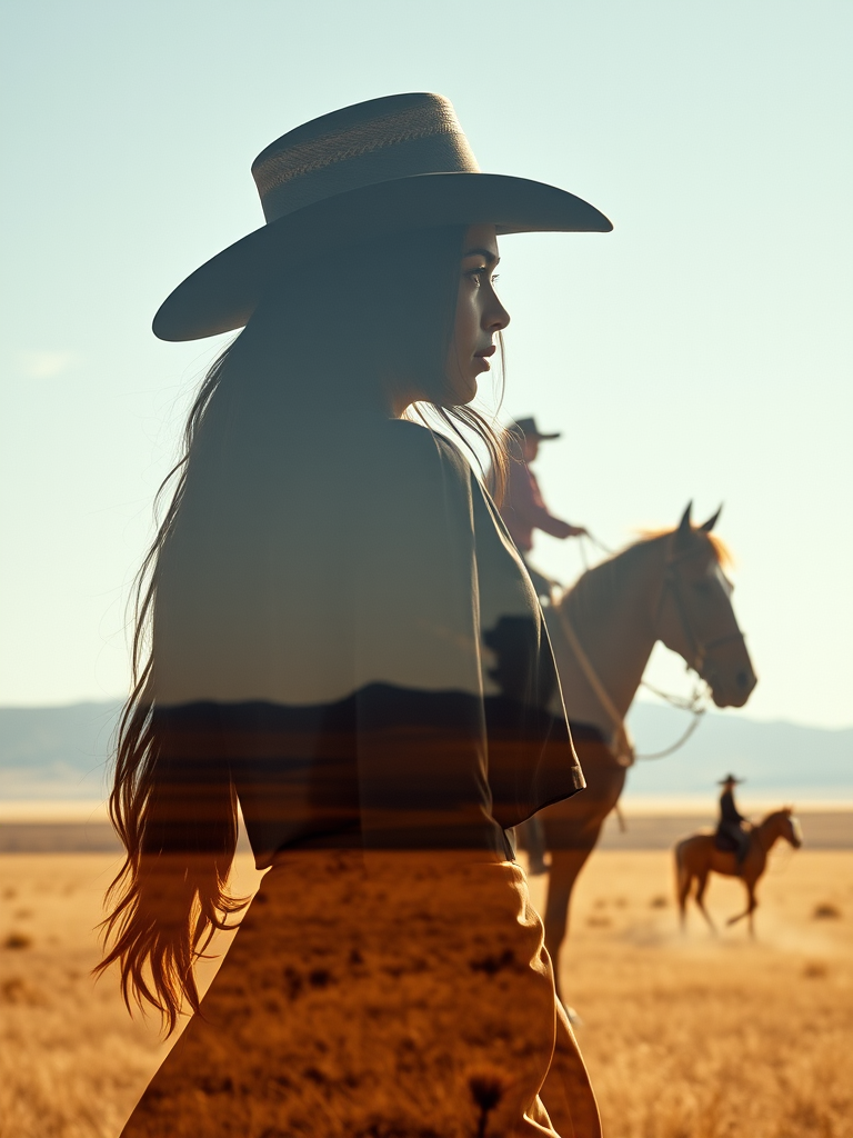 "Create a Double exposure", a silhouette "profile portrait of a young cowgirl" with long hair "superimposed" against a long shot of a cowgirl riding a horse across the plains, fantastic view, 32k, cinematic, hyper-realistic.