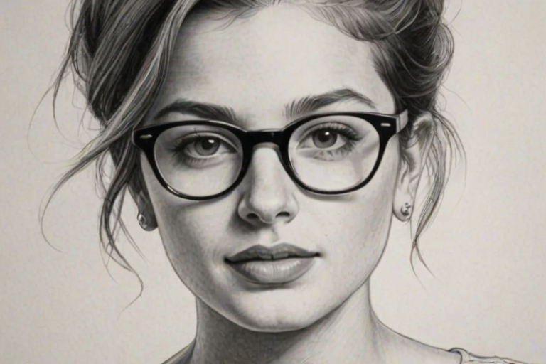 Comely Charlie Puth, pencil sketch, portrait of Resplendent woman 1954s in glasses, hair style beatnik, outline, clear lines, fine lines, 8k