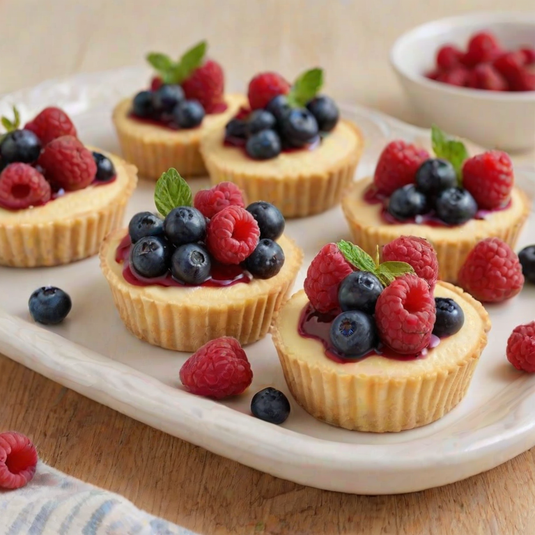 Create an image of a plate featuring mini cheesecakes topped with fresh raspberries and blueberries. The cheesecakes should have a smooth, creamy texture and a golden brown crust. Surround the plate with small bowls of additional raspberries and blueberries, and add some mint leaves for garnish. The setting should be bright and inviting, with a light-colored background.