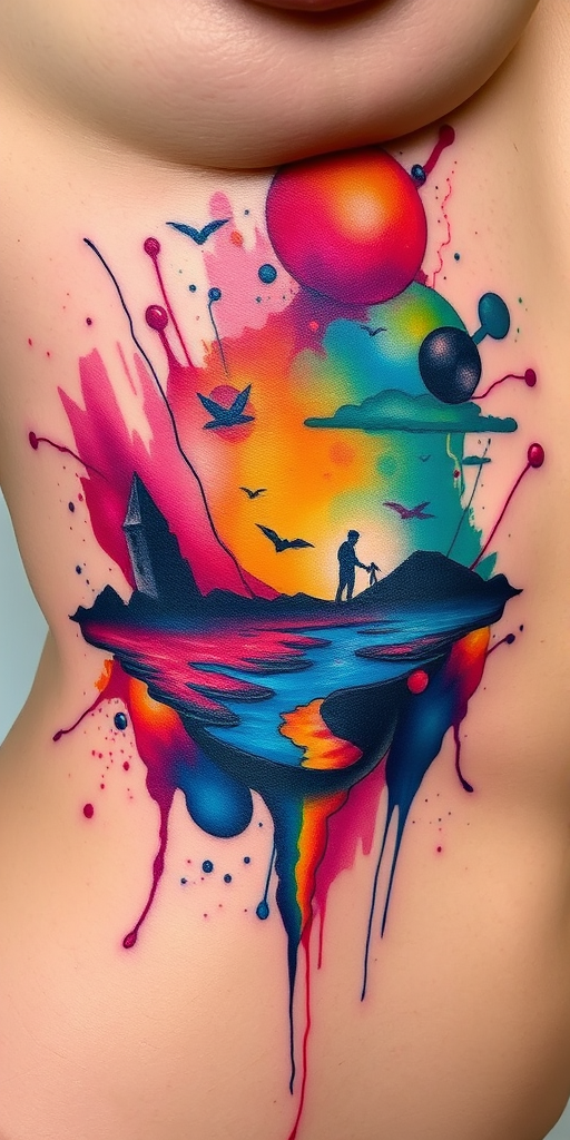 Surreal watercolor splash tattoo on the ribs, featuring vibrant hues melding into a dreamlike landscape, with abstract elements and hidden imagery emerging from the colorful chaos