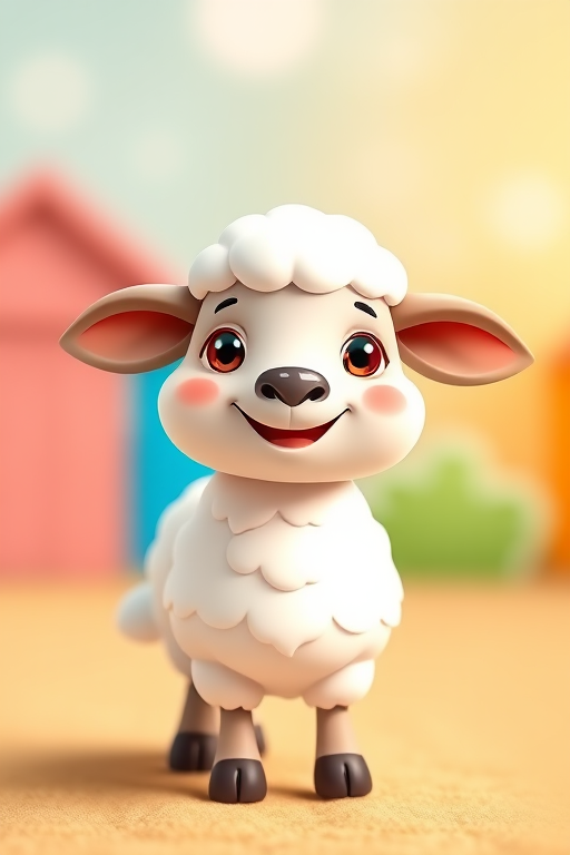 Create a cute cartoon sheep character standing happily, with a bright and colorful background, using a DSLR camera with a 50mm lens, f/1.8 aperture, ISO 200, natural lighting to enhance image quality.