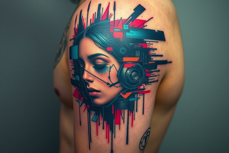 Glitch art tattoo incorporating digital distortion effects and pixelated elements, fragmented imagery and color shifts, modern technological aesthetic with a surreal twist