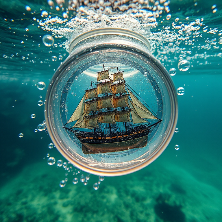 Create an underwater scene featuring a vintage ship trapped in a clear soda can with realistic water bubbles, using a DSLR camera with a 50mm lens at f/2.8, ISO 200, and a shutter speed of 1/125s, with a wide-angle view and soft focus effect for enhanced quality.