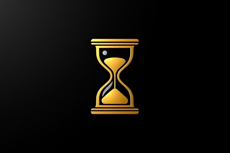 Generate a high-resolution image of a golden hourglass icon on a black background, using a DSLR camera, f/1.8 aperture, 50mm lens, ISO 100, with soft ambient lighting to enhance details and contrast.